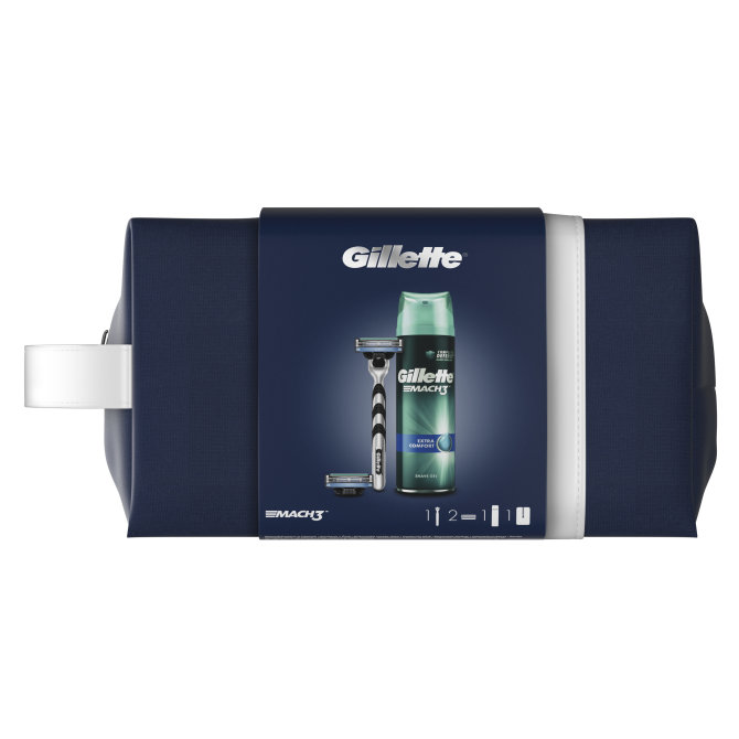 Proizvod Gillette poklon paket Mach 3 + 2 zamjenske britvice + gel za brijanje Mach3 Extra Comfort + putna torbica brenda Gillette