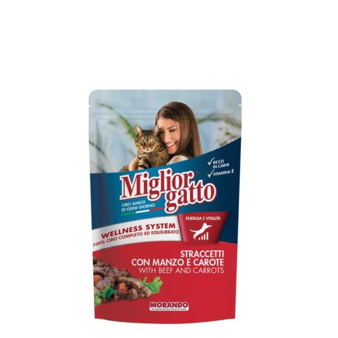 Proizvod Miglior hrana za mačke govedina i mrkva u vrećici 100 g brenda Morando