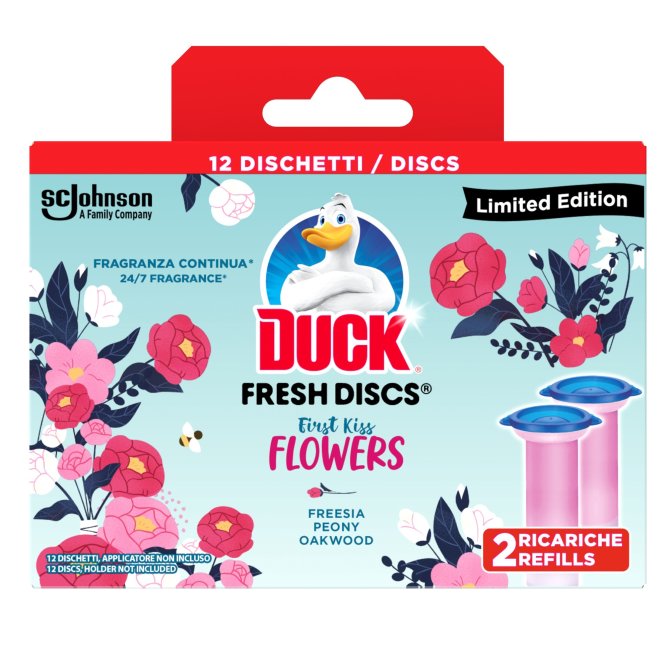 Proizvod Duck® Fresh Discs gel za čišćenje i osvježavanje WC školjke miris First Kiss Flowers - duopack brenda Duck