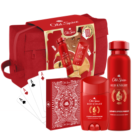 Proizvod Old Spice Red Knight poklon paket toaletna torbica + dezodorans u stiku + dezodorans u spreju + igraće karte brenda Old Spice