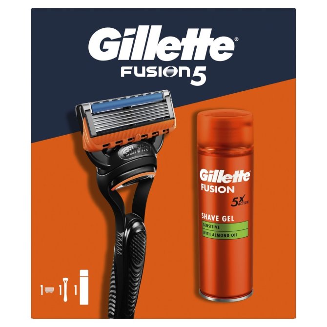 Proizvod Gillette Fusion poklon paket brijač, postolje za brijač i gel brenda Gillette